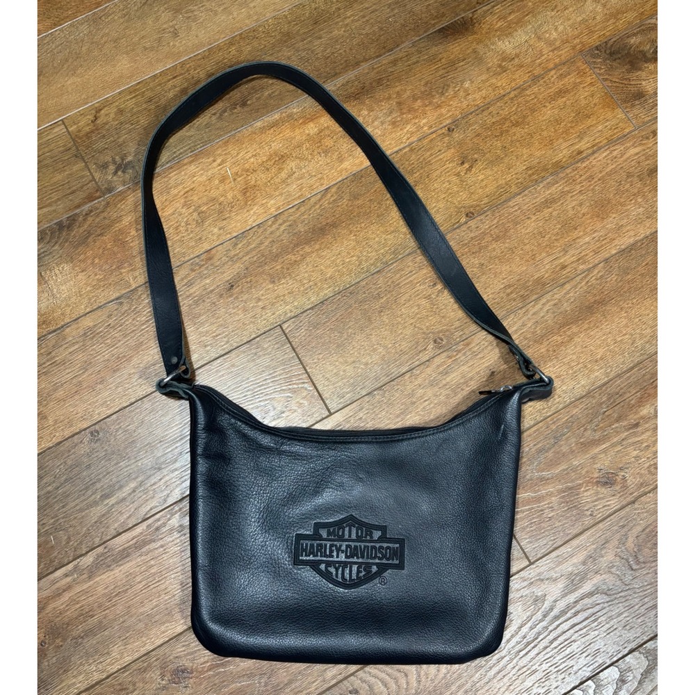 Harley‎ Davidson Black Leather Shoulder Bag Purse Embossed Logo